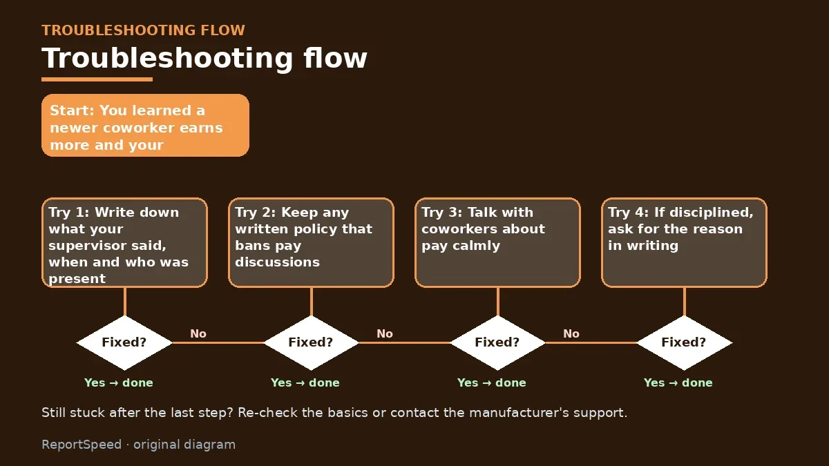 Troubleshooting flowchart: try each step in order and stop when it is fixed — Can my employer stop me from discussing my pay with coworkers