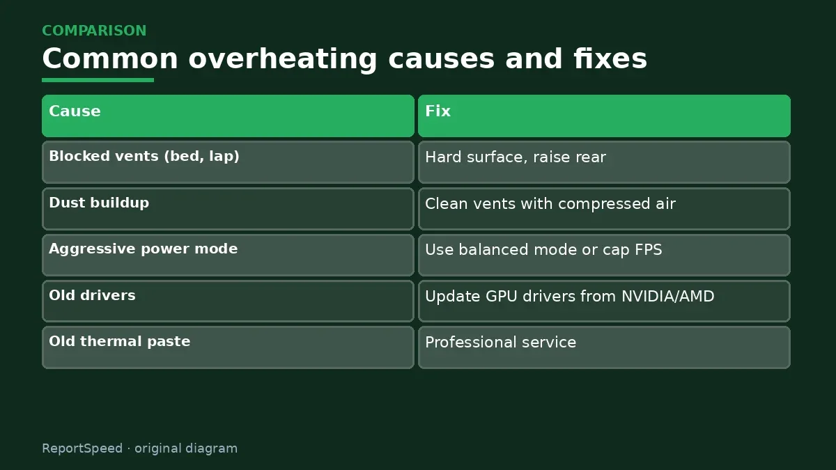 Comparison chart: Common overheating causes and fixes