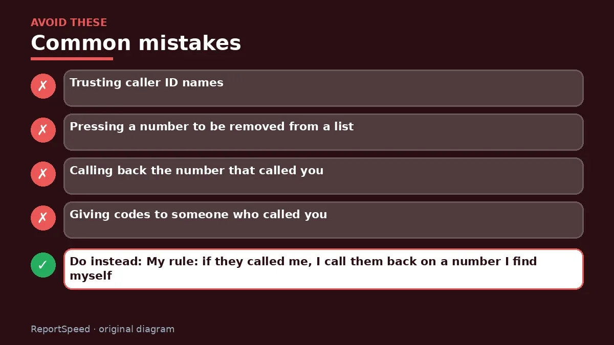 Callout graphic of common mistakes to avoid and what to do instead for Caller ID spoofing