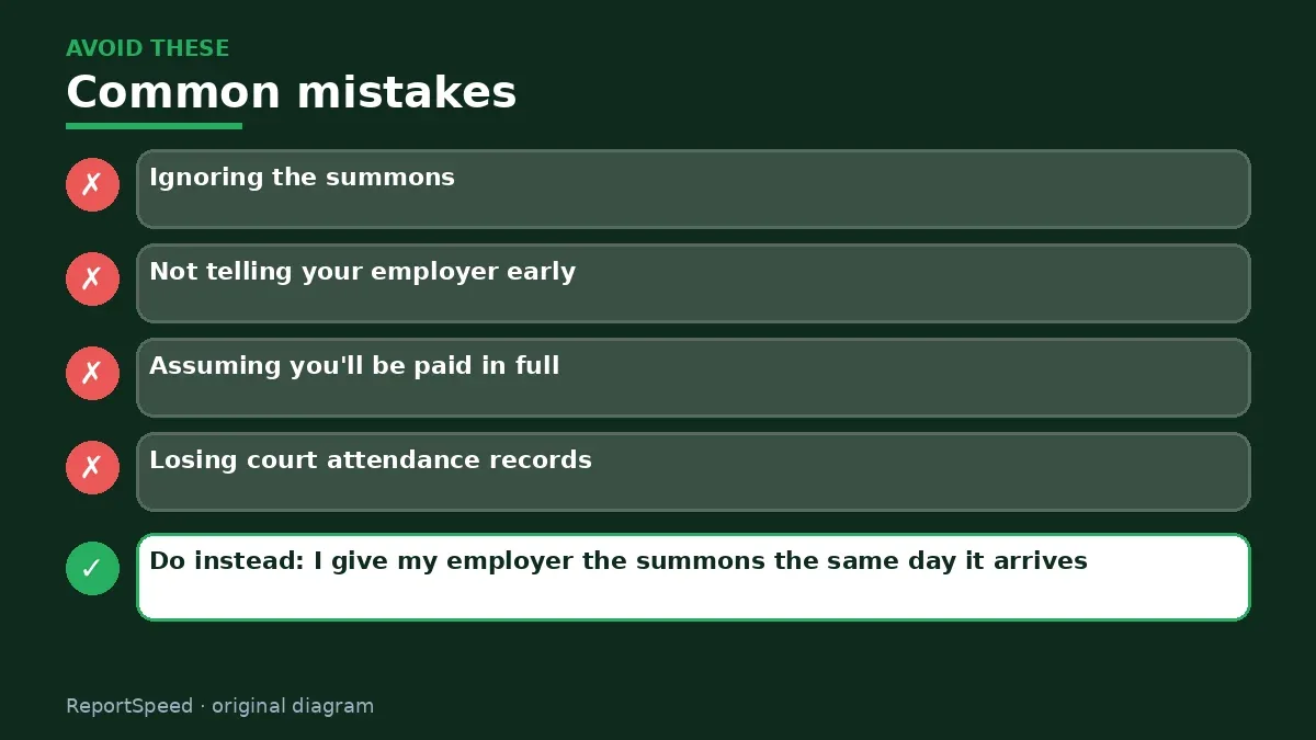 Callout graphic of common mistakes to avoid and what to do instead for Do I get paid for jury duty, and can my employer fire me for going