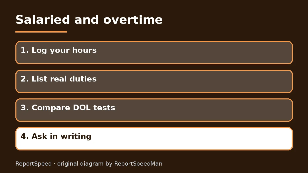 Diagram: Salaried and overtime — Log your hours; List real duties; Compare DOL tests; Ask in writing
