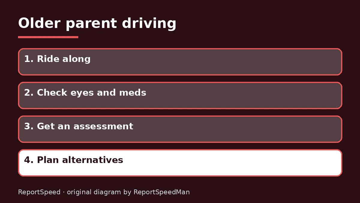 Diagram: Older parent driving — Ride along; Check eyes and meds; Get an assessment; Plan alternatives