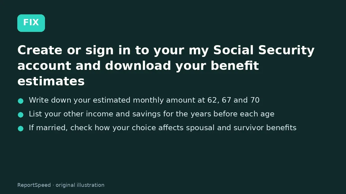Fix steps: Create or sign in to your my Social Security account and…; Write down your estimated monthly amount at 62, 67 and 70; List your other income and savings for the years before…