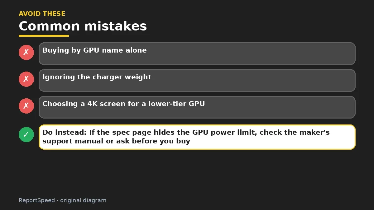 Callout graphic of common mistakes to avoid and what to do instead for What to check before buying an RTX 50 series gaming laptop