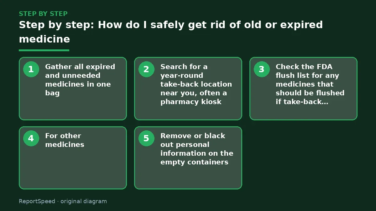 Step illustration: numbered steps for How do I safely get rid of old or expired medicine