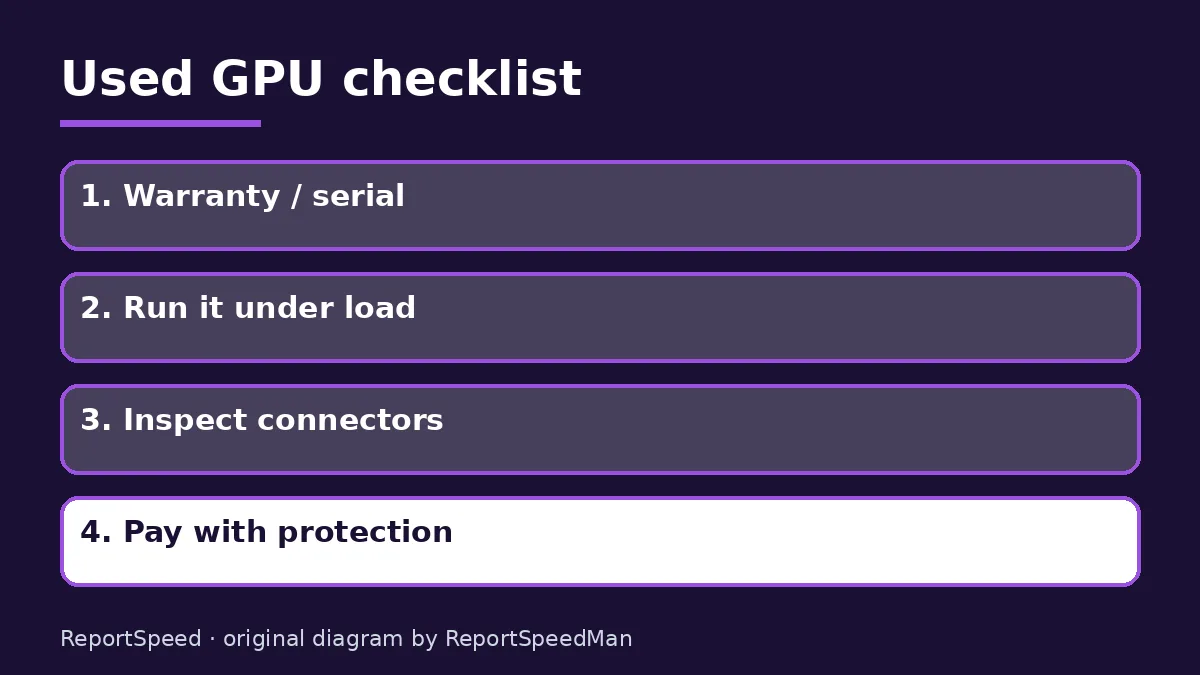 Diagram: Used GPU checklist — Warranty / serial; Run it under load; Inspect connectors; Pay with protection