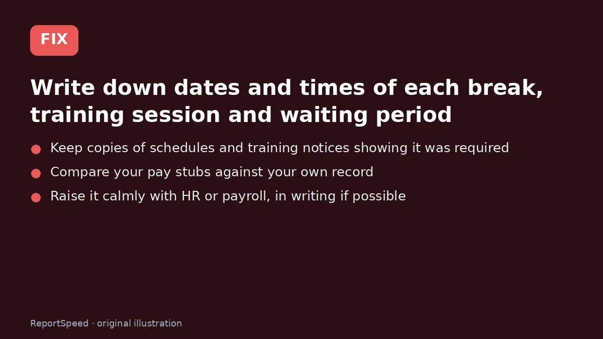 Fix steps: Write down dates and times of each break; Keep copies of schedules and training notices showing it…; Compare your pay stubs against your own record
