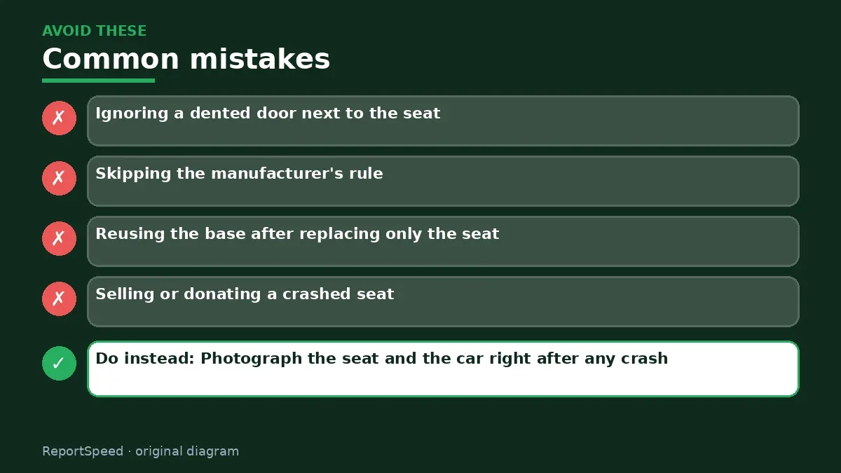 Callout graphic of common mistakes to avoid and what to do instead for Do I need to replace my child's car seat after a crash