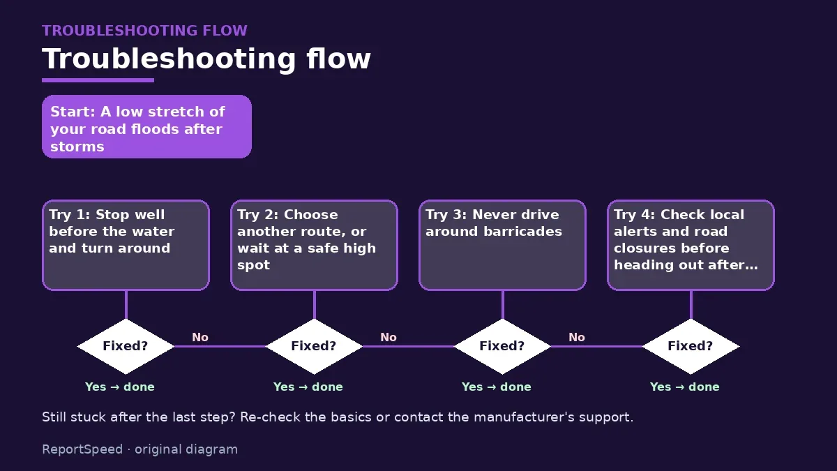 Troubleshooting flowchart: try each step in order and stop when it is fixed — Is it safe to drive through a flooded road