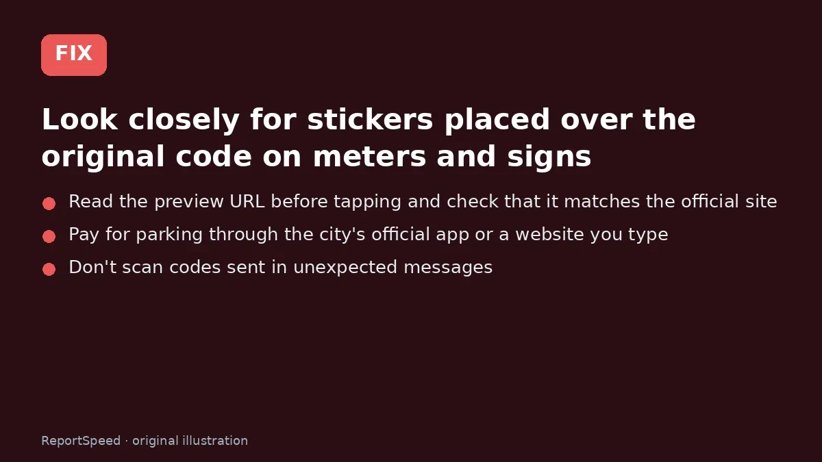 Fix steps: Look closely for stickers placed over the original code on…; Read the preview URL before tapping and check that it…; Pay for parking through the city's official app or a…