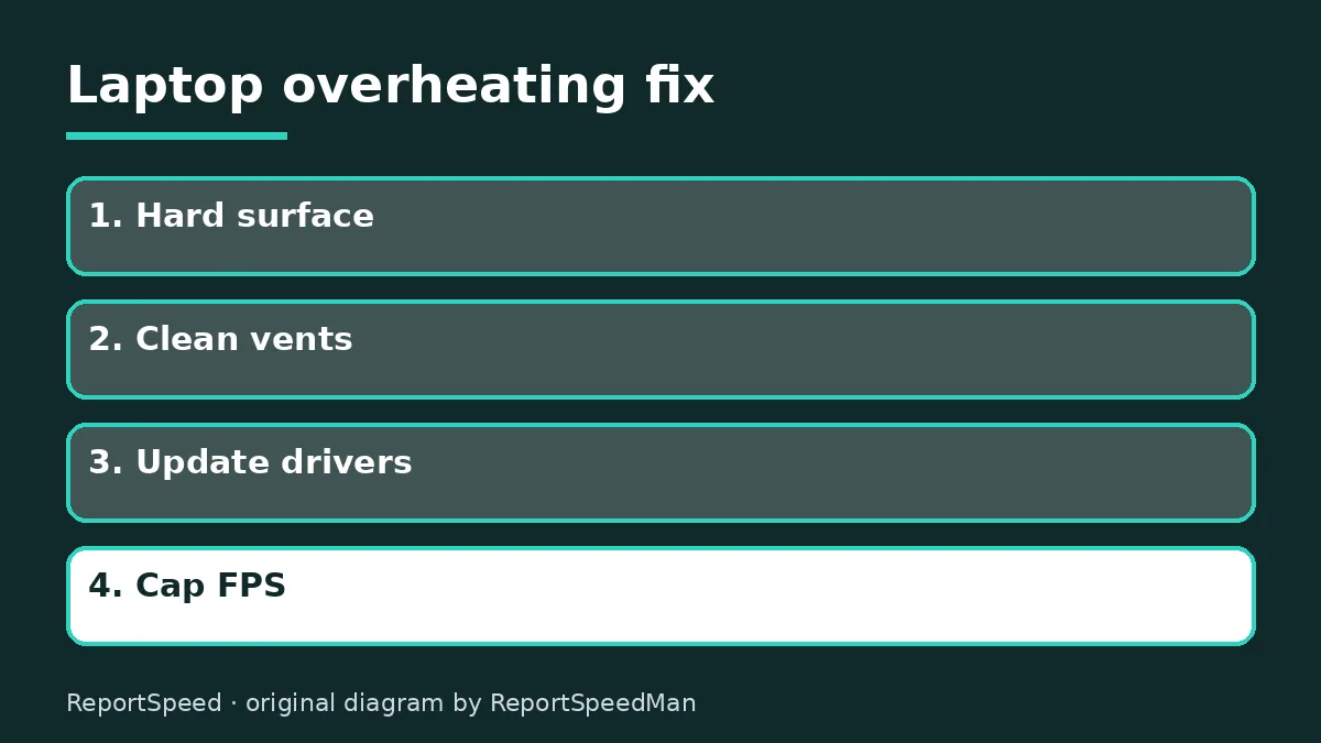 Diagram: Laptop overheating fix — Hard surface; Clean vents; Update drivers; Cap FPS