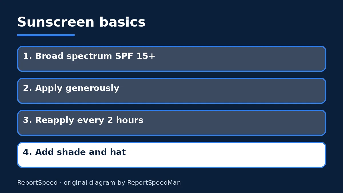 Diagram: Sunscreen basics — Broad spectrum SPF 15+; Apply generously; Reapply every 2 hours; Add shade and hat