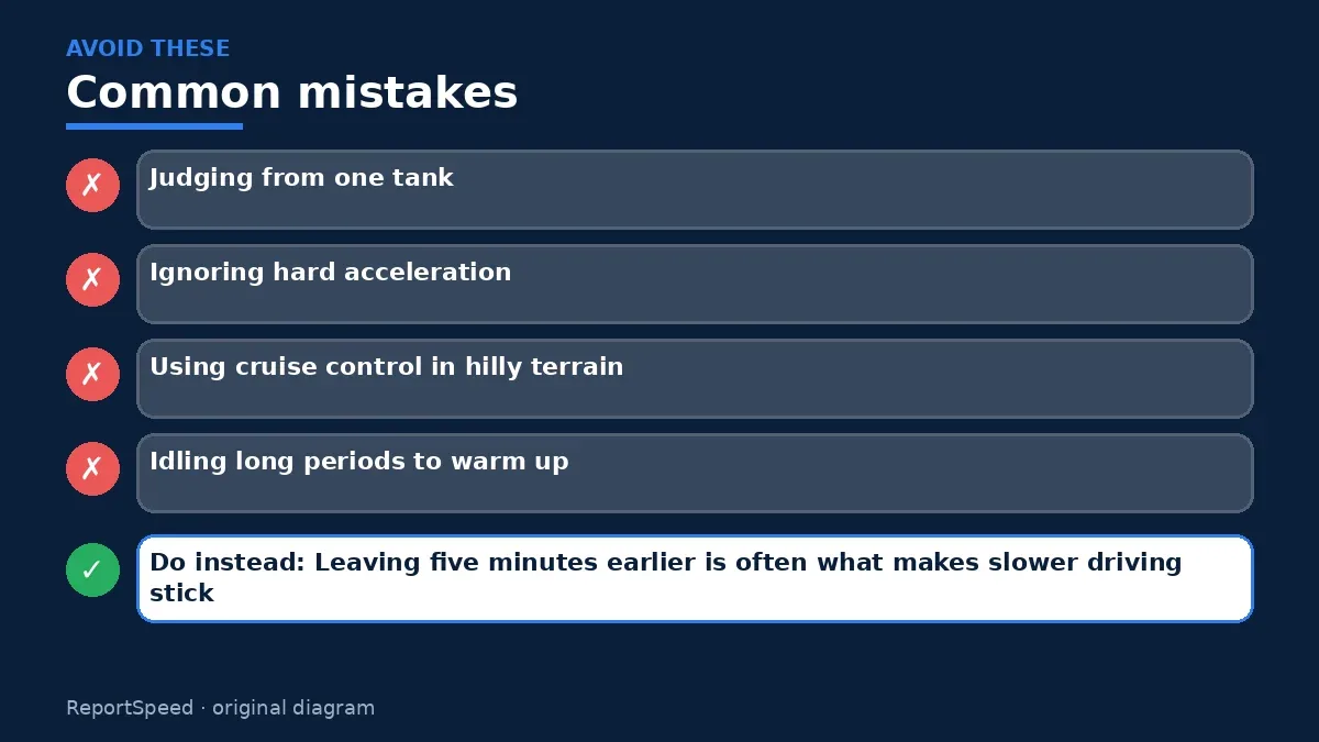 Callout graphic of common mistakes to avoid and what to do instead for Does driving faster really waste gas