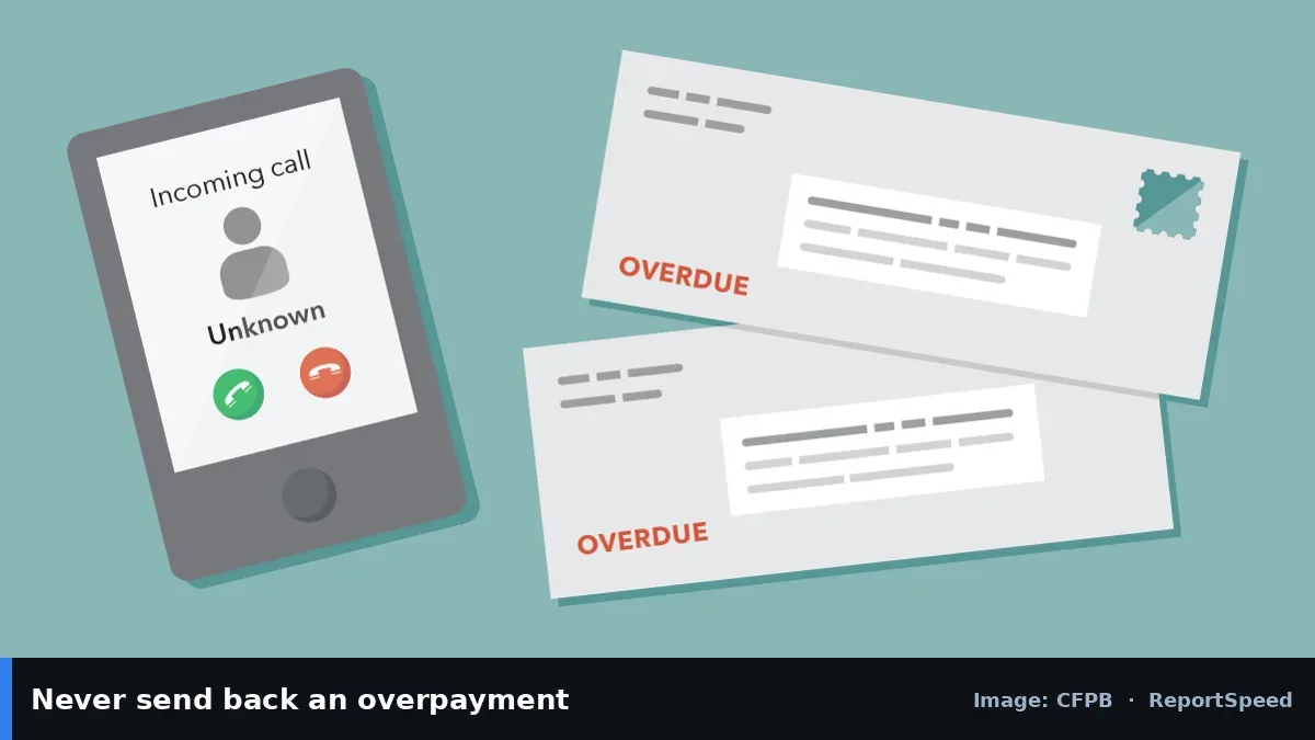 CFPB illustration of a phone call and overdue letters (CFPB official image), annotated: Never send back an overpayment