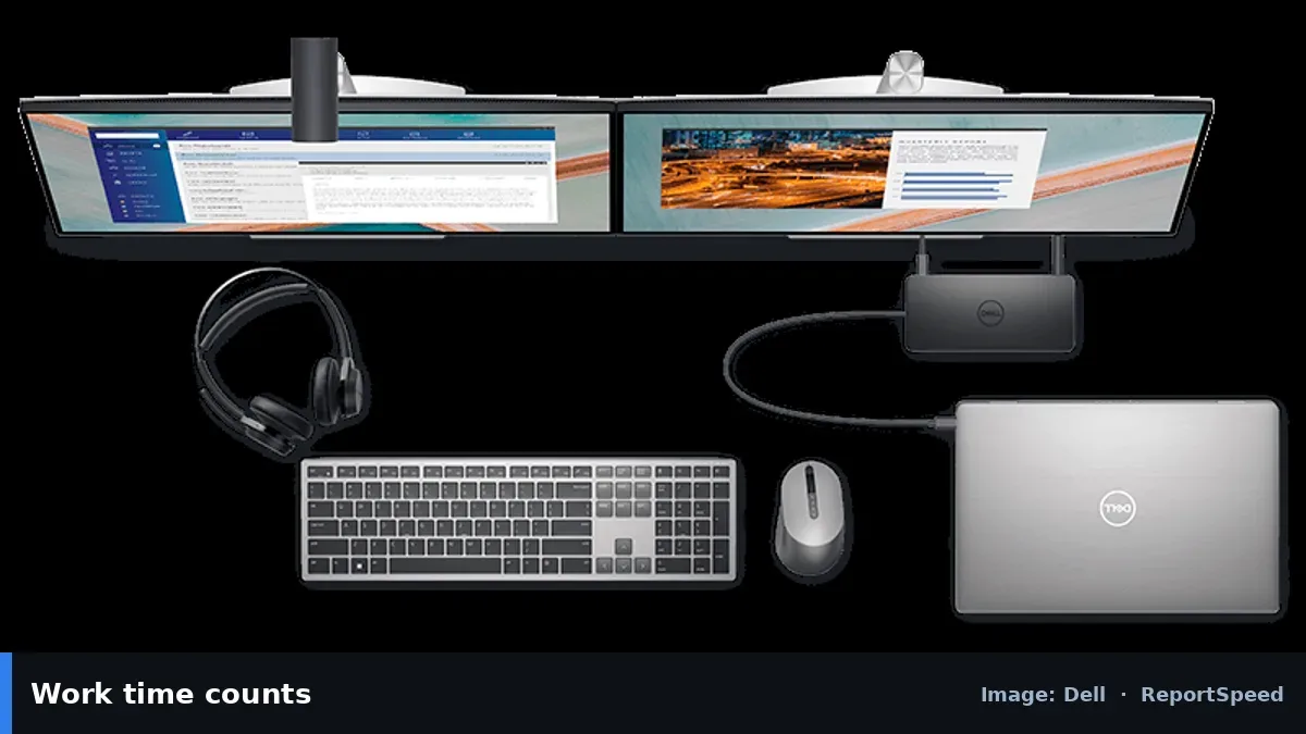 Dell Thunderbolt Dock WD22TB4 desk setup (Dell official image), annotated: Work time counts