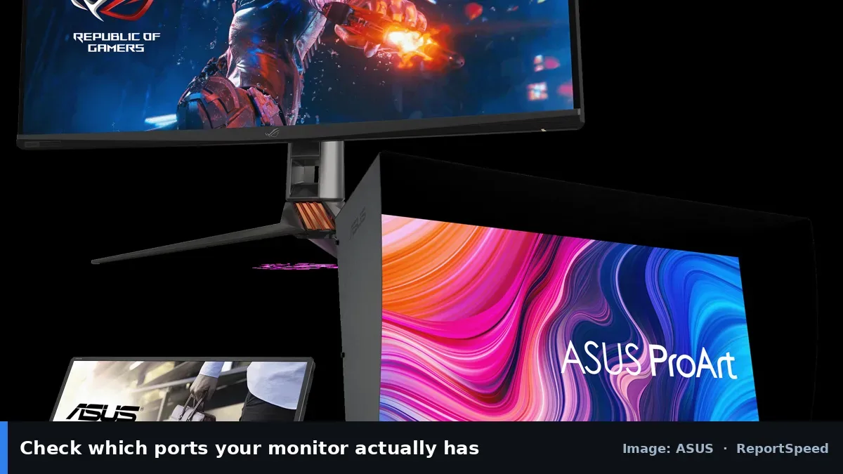 ASUS monitor lineup (ASUS official image), annotated: Check which ports your monitor actually has