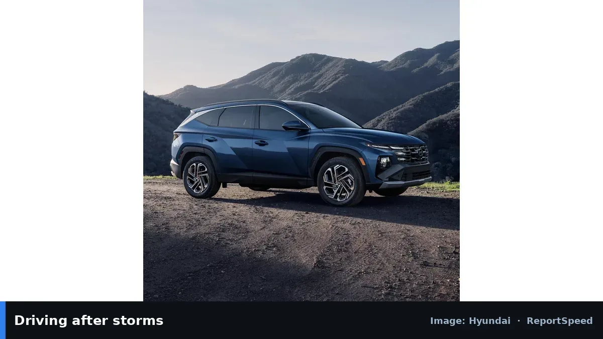 Hyundai Tucson SUV (Hyundai official image), annotated: Driving after storms
