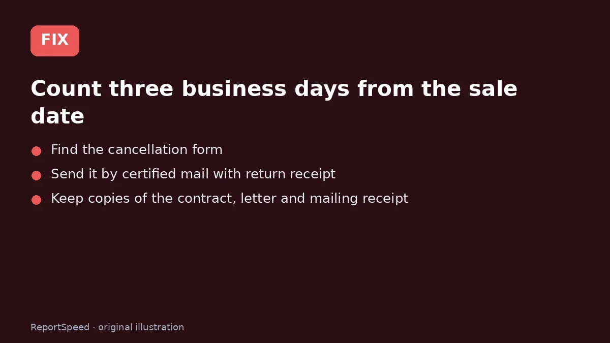 Fix steps: Count three business days from the sale date; Find the cancellation form; Send it by certified mail with return receipt