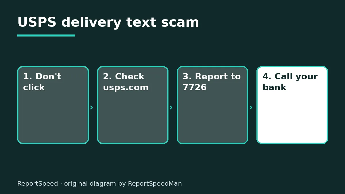 Diagram: USPS delivery text scam — Don't click; Check usps.com; Report to 7726; Call your bank