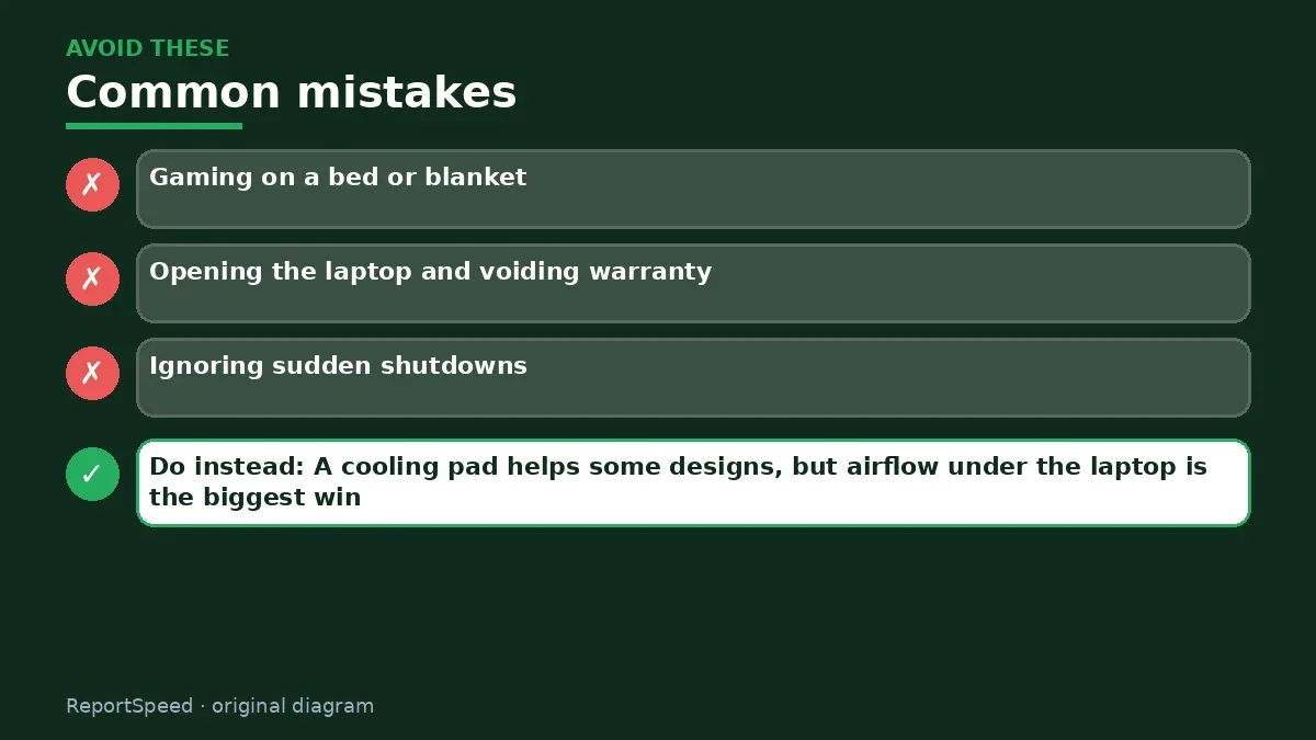Callout graphic of common mistakes to avoid and what to do instead for Gaming laptop overheating and throttling
