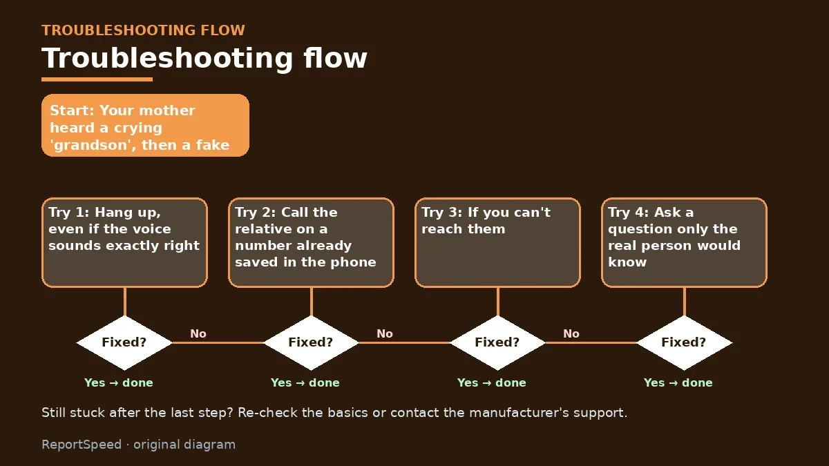 Troubleshooting flowchart: try each step in order and stop when it is fixed — A call says my grandson is in jail