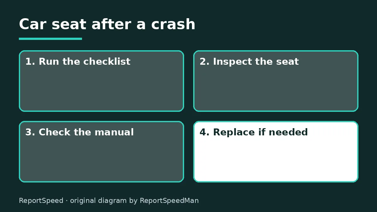 Diagram: Car seat after a crash — Run the checklist; Inspect the seat; Check the manual; Replace if needed