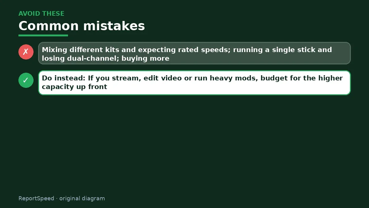 Callout graphic of common mistakes to avoid and what to do instead for Is 16GB of RAM enough for gaming, or should I get 32GB