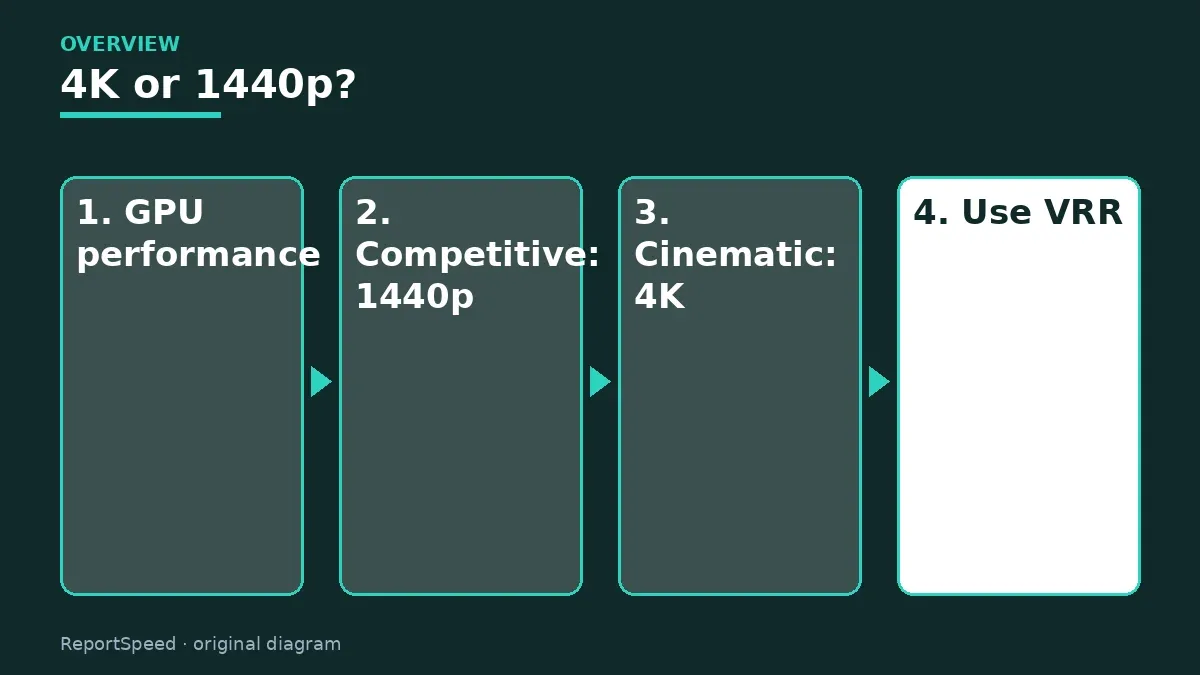 Overview diagram: 4K or 1440p? — GPU performance; Competitive: 1440p; Cinematic: 4K; Use VRR