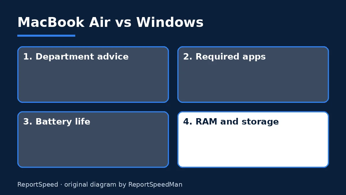 Diagram: MacBook Air vs Windows — Department advice; Required apps; Battery life; RAM and storage
