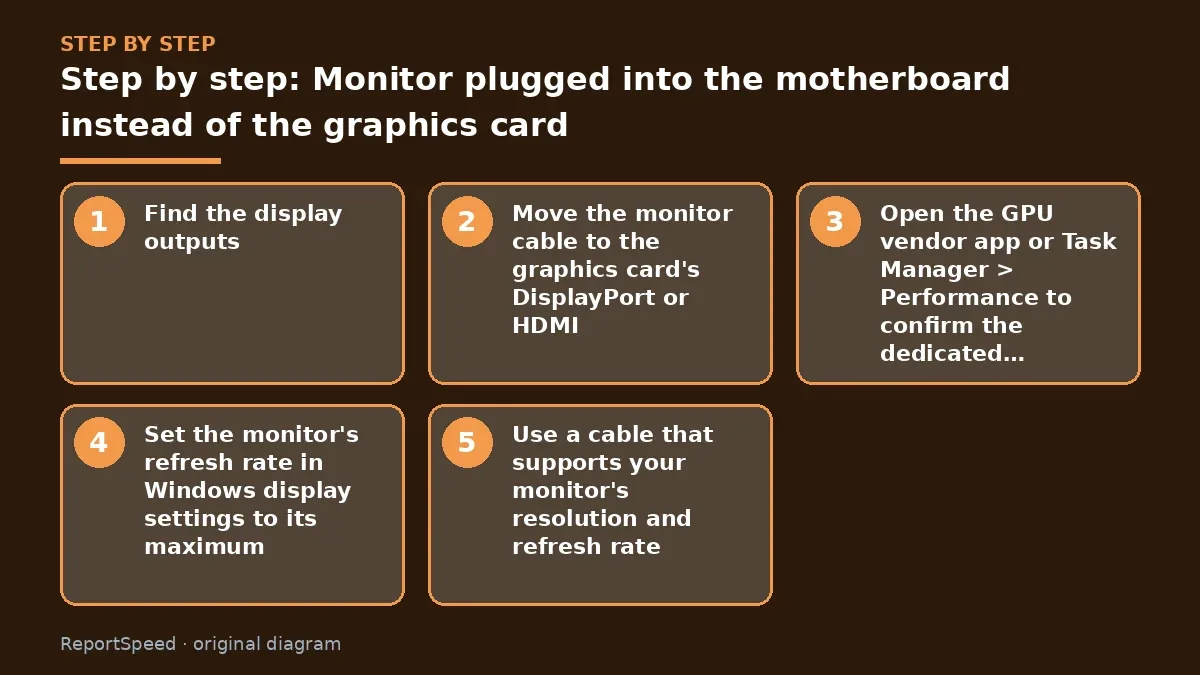 Step illustration: numbered steps for Monitor plugged into the motherboard instead of the graphics card