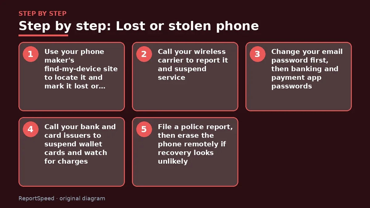 Step illustration: numbered steps for Lost or stolen phone