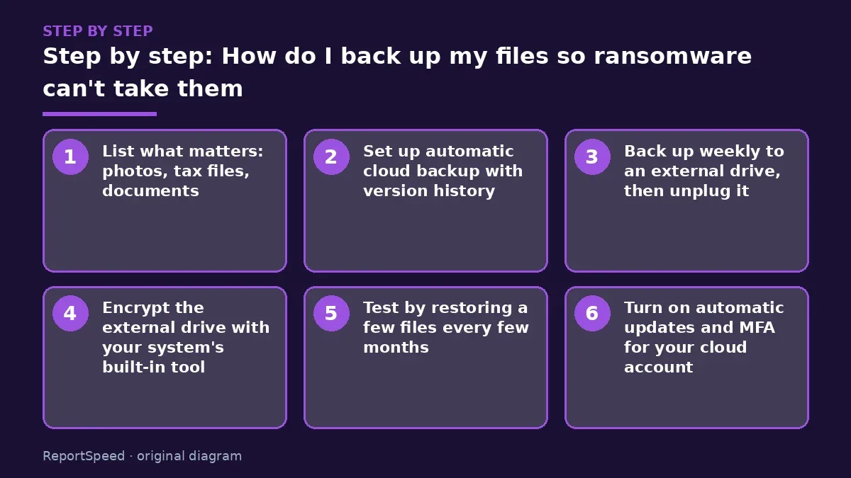 Step illustration: numbered steps for How do I back up my files so ransomware can't take them