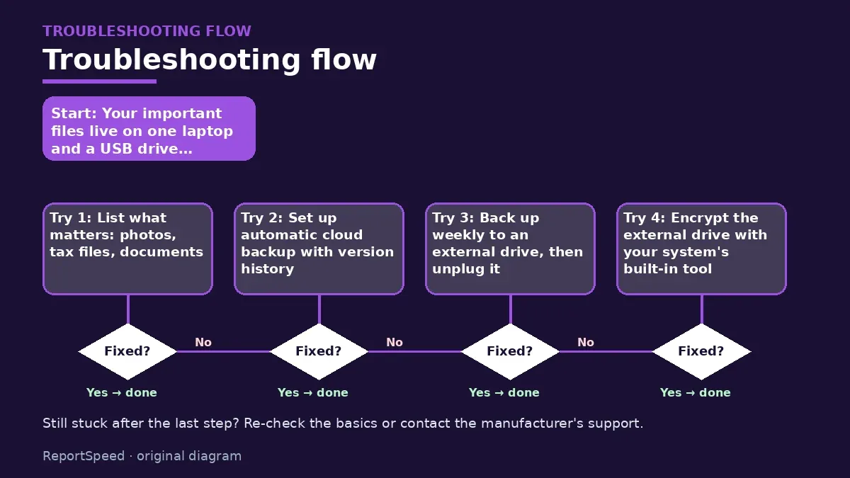 Troubleshooting flowchart: try each step in order and stop when it is fixed — How do I back up my files so ransomware can't take them