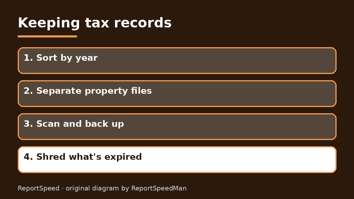 Diagram: Keeping tax records — Sort by year; Separate property files; Scan and back up; Shred what's expired