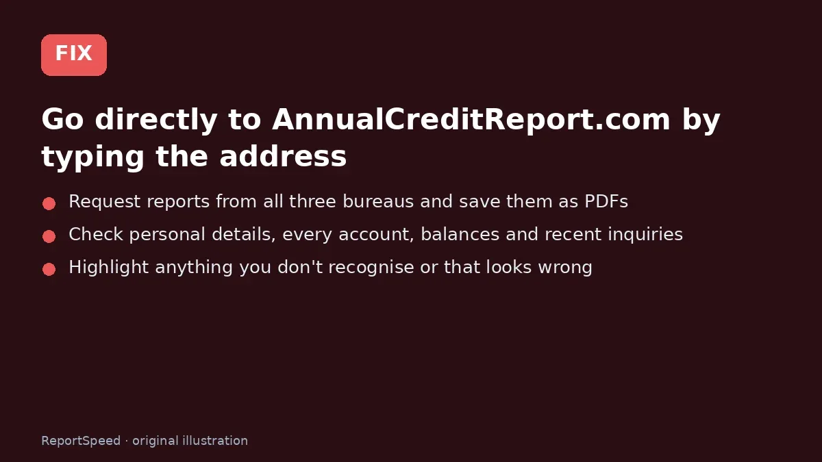 Fix steps: Go directly to AnnualCreditReport.com by typing the address; Request reports from all three bureaus and save them as PDFs; Check personal details