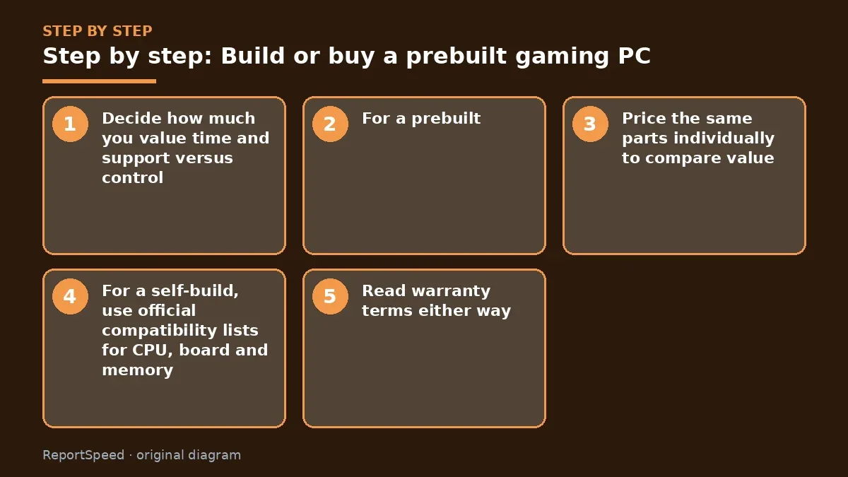 Step illustration: numbered steps for Build or buy a prebuilt gaming PC