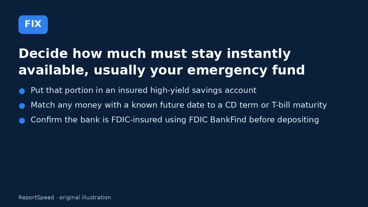 Fix steps: Decide how much must stay instantly available; Put that portion in an insured high-yield savings account; Match any money with a known future date to a CD term or…