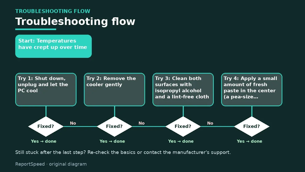 Troubleshooting flowchart: try each step in order and stop when it is fixed — How to reapply thermal paste on a CPU