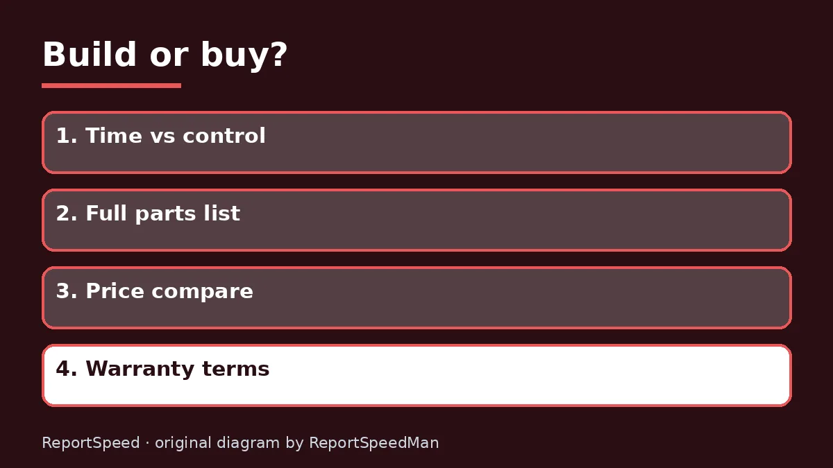 Diagram: Build or buy? — Time vs control; Full parts list; Price compare; Warranty terms